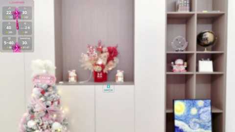 Media: A video of a minimalist living room with a white wall and built-in shelves. Decorations include a Christmas tree, a red vase with flowers, and a flat-screen TV displaying \"The Starry Night\" painting.