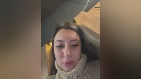 Media: Video of a young woman with long dark hair, wearing a beige turtleneck sweater, inside a small, dimly lit space with metal walls and a wooden floor.