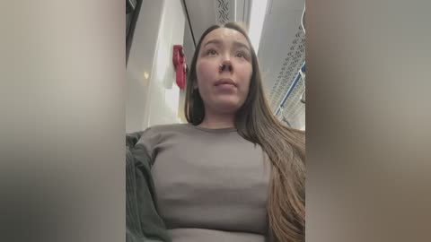 Media: Video of a plus-size woman with long brown hair, wearing a gray top, sitting on an airplane. She has a neutral expression. The background features a window with a patterned shade.