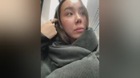 Media: Video of a young woman with light skin and straight, dark brown hair, wearing a grey, ribbed sweater, looking contemplative in a train compartment with blurred background.