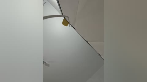 Media: Video of a minimalist, white-walled room with a hanging ceiling fan, a yellow light bulb, and a small metallic object in the corner.