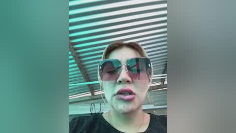 Media: Video of a young woman with light skin and short brown hair, wearing oversized, tinted aviator sunglasses and a black top. She stands under a corrugated metal roof with green and white light filtering through.