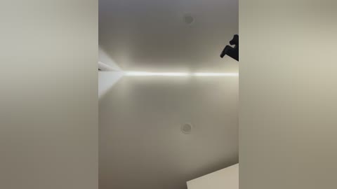 Media: A video of a modern, minimalist room with white walls, a ceiling with three circular light fixtures, and a black armchair positioned to the right, creating a sleek, clean aesthetic.