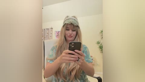 Media: Video of a blonde woman with long, wavy hair, wearing a blue tie-dye shirt and a headband, taking a selfie in a bathroom mirror.