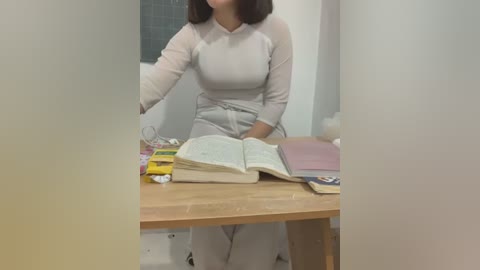 Media: Video of a woman with shoulder-length dark hair, wearing a white long-sleeve dress, sitting at a wooden table. She has her hand on a book, and the background shows a tiled shower wall.