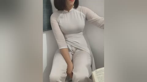 Media: Video of a woman with short black hair, wearing a white, long-sleeved, sheer dress with a high neckline, sitting on a window ledge. A book rests on her lap.