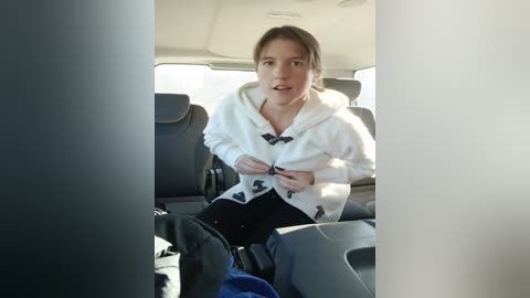 Media: Video of a woman with light skin and brown hair, wearing a white hoodie with black details, sitting in a car seat, adjusting her seat belt.