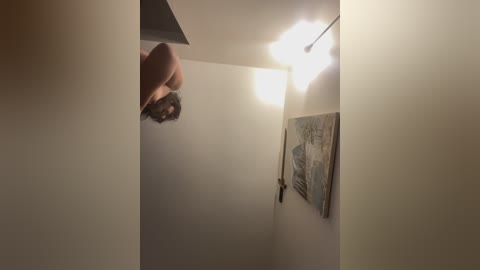 Media: Video of a naked person hanging upside down from a ceiling, with beige walls and a large, abstract painting on the right.