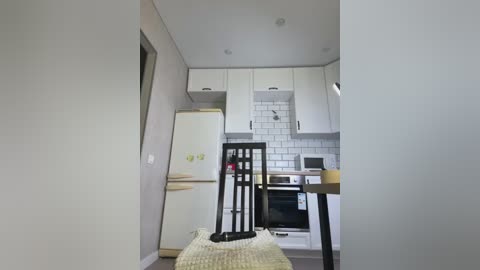 Media: Video of a compact, minimalist kitchen with white cabinets, subway tile backsplash, a small refrigerator, a black chair, and a wooden table.