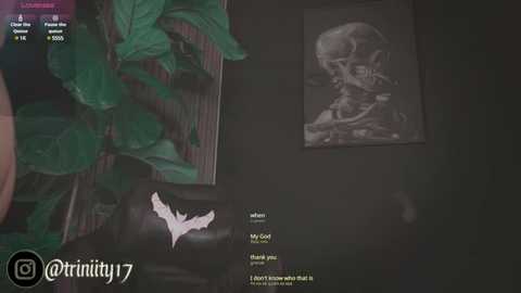 Media: A video of a dark room featuring a wall-mounted, grayscale, skull-and-crossbones drawing and a green plant, with a white bat sticker and a \"My God\" text overlay.