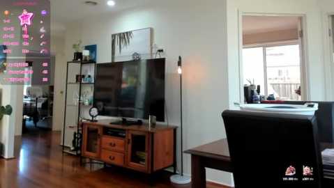 Media: Video of a modern living room with a large flat-screen TV, wooden media console, black armchair, and a tall floor lamp. A window with a beige Roman shade and a potted plant are visible.