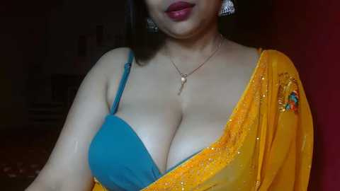 Media: A video of a South Asian woman with fair skin, wearing a blue bra and an orange sari with intricate embroidery, against a dimly lit room.