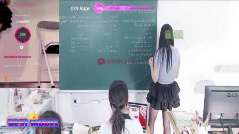 Media: Video of two young women in a classroom, one facing a green chalkboard, the other observing. Desk cluttered with books and papers.