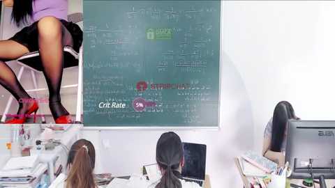 Media: Video collage featuring a woman in a black dress and red high heels, seated at a cluttered desk with a green chalkboard behind her.