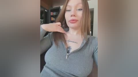 Media: Video of a young, fair-skinned woman with long, straight brown hair, wearing a gray ribbed long-sleeve top, posing indoors near bookshelves. She has a tattoo on her chest and is making a playful face.