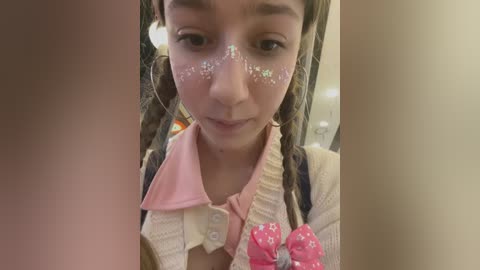 Media: A young girl with light brown skin and dark brown hair in braids, wearing a white cardigan with a pink bow, and glitter face paint.