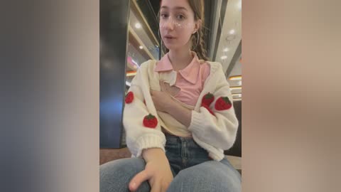 Media: A video of a young woman with light skin and brown hair, wearing a pink shirt and a white sweater with strawberry patterns, sitting in a mall.