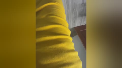 Media: A video of a person's arm wearing a bright yellow shirt, with a blurred background of a white wall and wooden furniture.