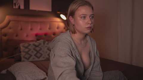 Media: Video of a blonde woman with short hair, wearing a gray robe, sitting on a bed with a beige headboard and patterned pillows in a dimly lit bedroom.