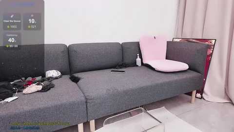 Media: Video of a messy living room with a gray sectional sofa, pink cushion, scattered clothes, and a TV screen displaying a 40% battery level.