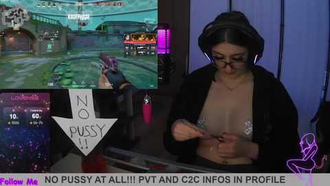 Video of a woman in a video game, with a text overlay reading \"NO PUSSY AT ALLI PVT AND C2C INFOS IN PROFILE.\