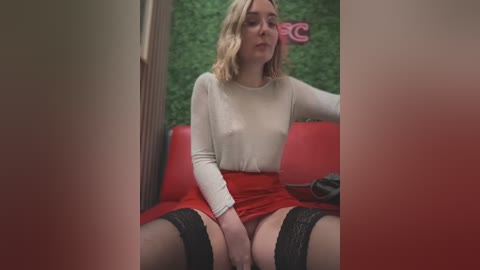 Media: A video of a blonde woman in a sheer beige top, red skirt, and black stockings, sitting provocatively on a red sofa.