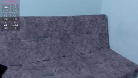 Media: Video of a minimalist, corner L-shaped, gray velvet sofa with a tufted backrest against a light blue wall. The sofa's texture appears smooth and slightly shiny. A digital overlay shows a temperature of 40.9\u00b0F and humidity of 60%.