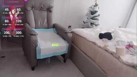 Media: Video of a grey recliner with a white and blue mattress cover, placed beside a bed with white sheets. A Christmas tree with white decorations stands in the background.