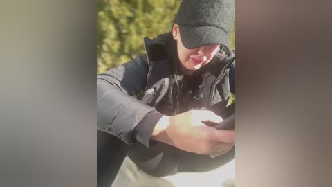 Media: Video of a person in a dark jacket and gray cap, seated on the ground, holding a smartphone, surrounded by blurred greenery, with a bright, sunny background.