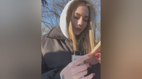 Media: Video of a young woman with long, straight brown hair wearing a black jacket, reading a book with a white cover and holding a wooden stick, set against a background of bare trees and a clear blue sky.