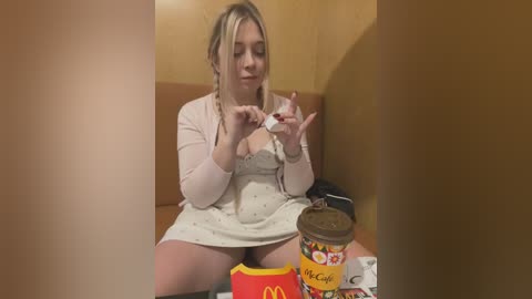 Media: Video of a curvy blonde woman in a white polka-dot dress, eating a cheeseburger and fries in a fast-food booth, with a McDonald's cup in front of her.