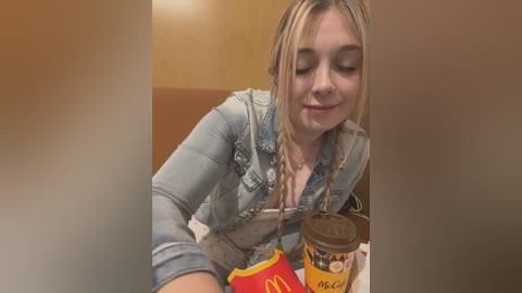 Media: Video of a young Caucasian woman with blonde hair, wearing a denim jacket and a white shirt, smiling while holding a McDonald's cup and a red box in a dimly lit, cozy restaurant.