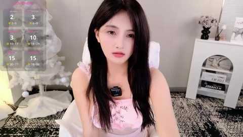 Media: Video of an Asian woman with long black hair and fair skin, wearing a light pink sleeveless top, sitting on a white chair in a minimalist room with a black and white patterned rug, a white desk, and a digital clock display.