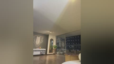 Video of a modern, minimalist living room with large floor-to-ceiling windows revealing a city skyline at night. The room features a sleek, white sofa, a wooden coffee table, and a potted plant.