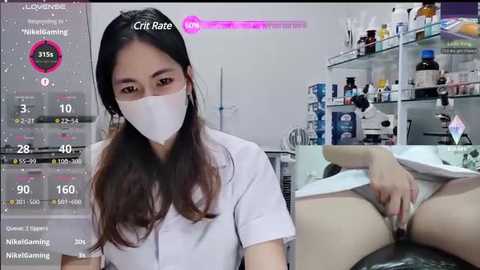 A video of an Asian woman in a white lab coat and mask, standing in a lab with shelves of lab supplies, while another image shows her pulling down her white panties.