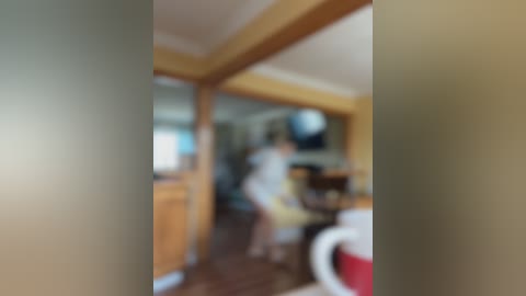 Media: Blurry video of a kitchen with wooden cabinets, a woman in a white shirt and black pants, and a red object on the right.