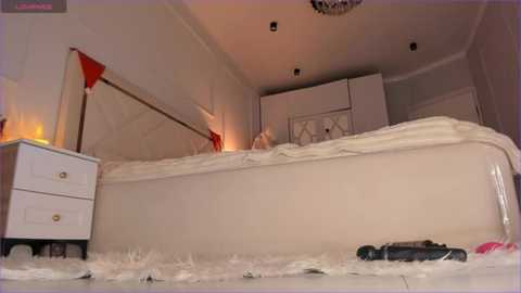 Media: A video of a minimalist bedroom with a white bed, fluffy white rug, and white furniture; a person is partially visible under the bedspread.