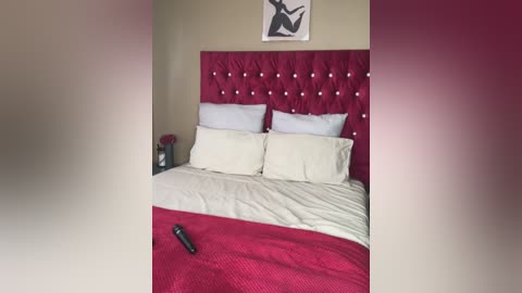 Media: Video of a modern, minimalist bedroom with a red tufted headboard, beige bedding, a TV remote on the bed, and a framed black-and-white abstract art piece on the wall.