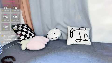 Media: Video of a plush, pink, and white pillow with a black-and-white checkered cushion on a blue bedspread. A white pillow with a black scribble design is also present. The background has light blue curtains.