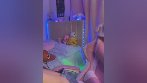 Media: Video of a cozy, colorful bedroom with plush toys, pastel decor, and soft lighting. A woman in a white top and pink bra peeks into the room from the doorway.