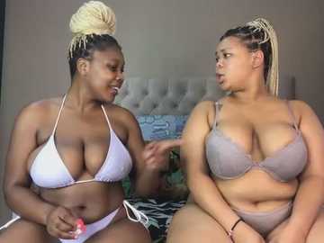 Media: Video of two Black women with dark skin, one in a white bikini, the other in a lavender bra and panties, sitting on a bed with a beige headboard, talking animatedly.