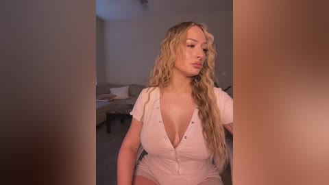 Video of a curvy, blonde, light-skinned woman with wavy hair, wearing a low-cut white button-down shirt, seated indoors. Background shows a dimly-lit living room with beige couches and a small table.