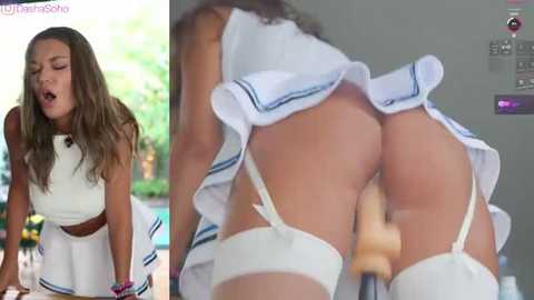 Media: Video collage: Left, young brunette woman in white schoolgirl outfit, right, close-up of her exposed buttocks, garter belt, and dildo.