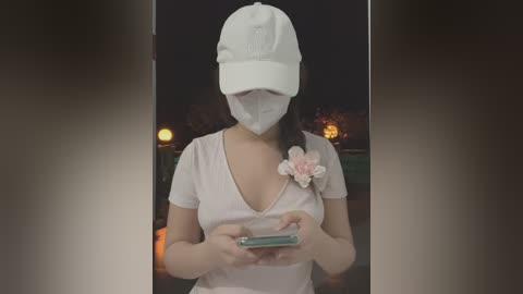 Media: Video of a masked woman in a white cap, dress, and floral brooch, holding a smartphone, against a dimly-lit Halloween backdrop with glowing orange pumpkins.