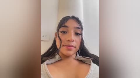 Media: Video of a young Latina woman with medium skin tone, long dark hair, and large hoop earrings. She wears a light grey hoodie, looking directly at the camera with a neutral expression.