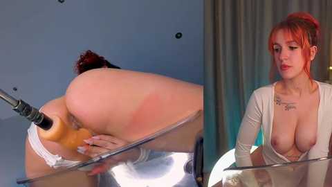 Media: A video of a fair-skinned woman with red hair, wearing a white top, getting an orange dildo inserted into her anus, while another woman observes.