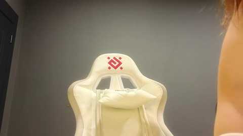 Media: A video of a white gaming chair with a red diamond emblem and a beige cloth draped over the backrest against a plain, light gray wall.