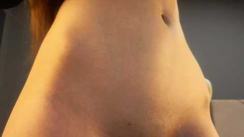 Media: Video of a close-up, side view of a nude person with fair skin, showing the abdomen, hip, and partial back. The skin is smooth with slight texture, and the background is blurred, focusing on the natural contours and shadows.