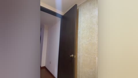 Media: Video of a narrow hallway with beige walls, a black door, and a partially visible tiled shower area on the right. The floor is hardwood.