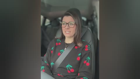 Media: Video of a woman with short brown hair, wearing glasses and a cherry-printed black sweater, seated in a car with a gray seatbelt, looking relaxed.